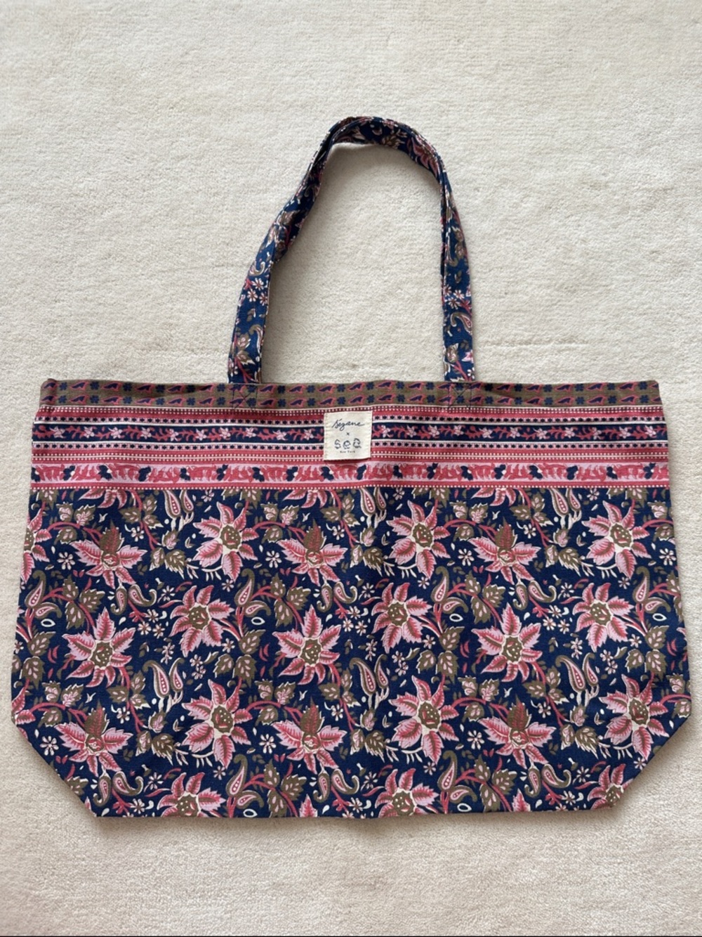 Sezane x Sea New York Navy Floral Cotton Tote with Pink Accents